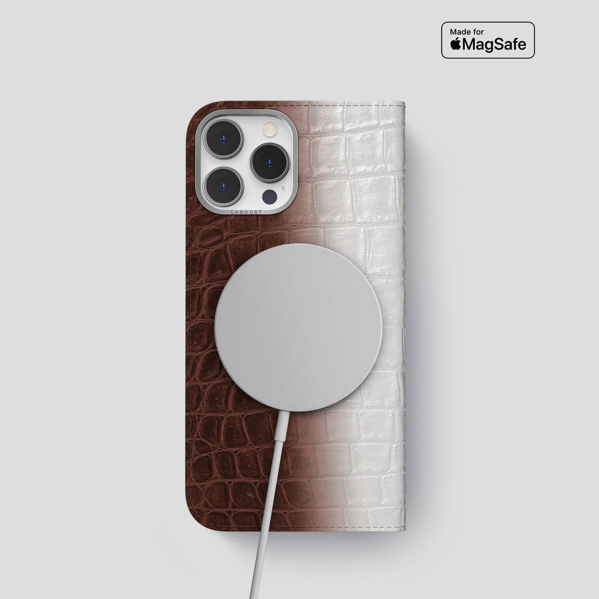 Dark Brown iPhone 15 Pro Folio Case Himalayan Crocodile with Steel Metal -3 | Dark-Brown-Steel
