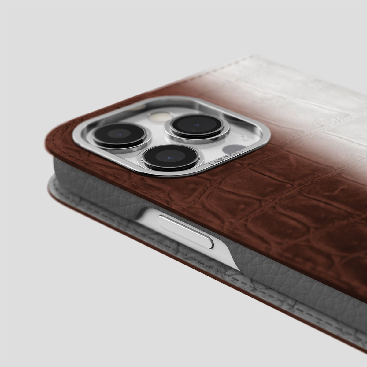 Dark Brown iPhone 14 Pro Folio Case Himalayan Crocodile with Steel Metal -5 | Dark-Brown-Steel