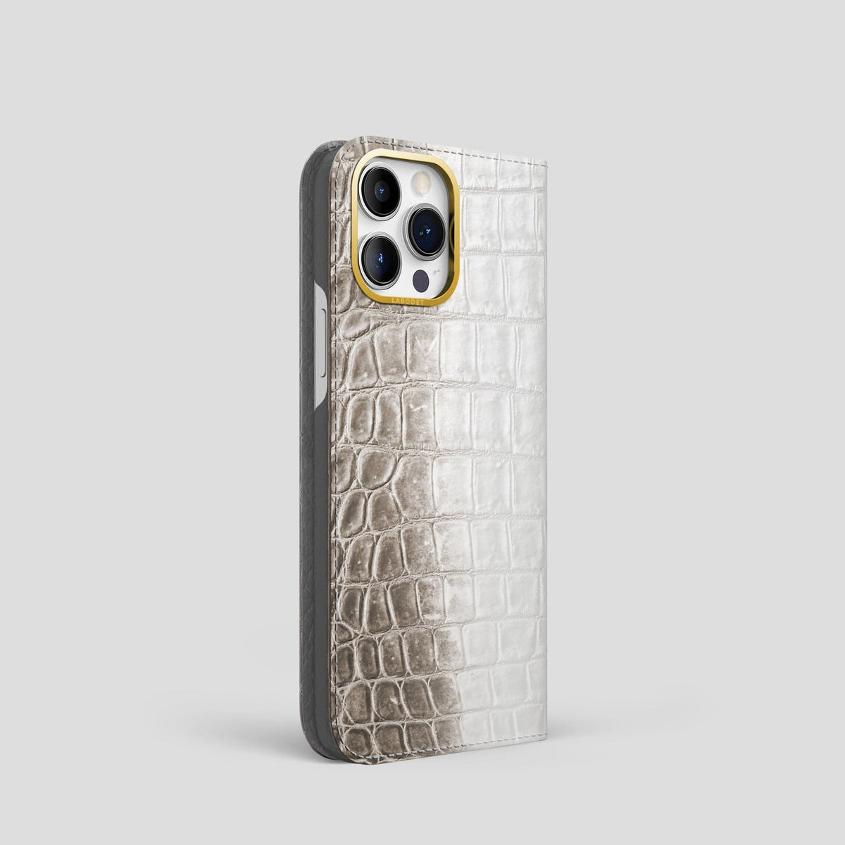 Dark iPhone 14 Pro Folio Case Himalayan Crocodile with Gold Metal -1 | Dark-Gold