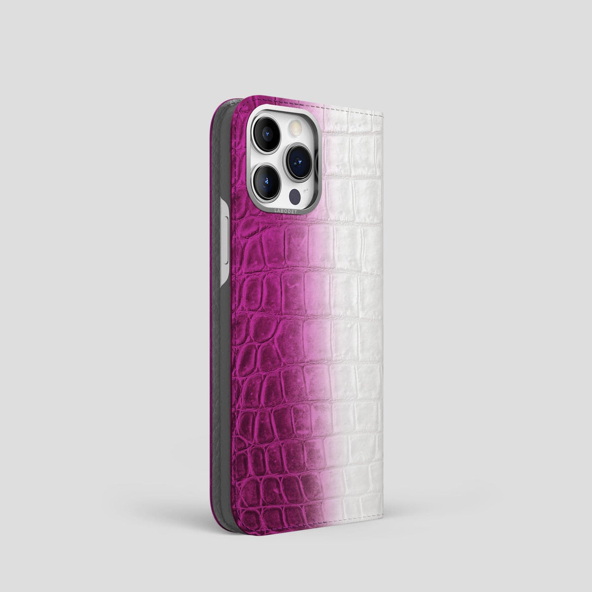 Fuchsia iPhone 14 Pro Folio Case Himalayan Crocodile with Steel Metal -1 | Fuchsia-Steel