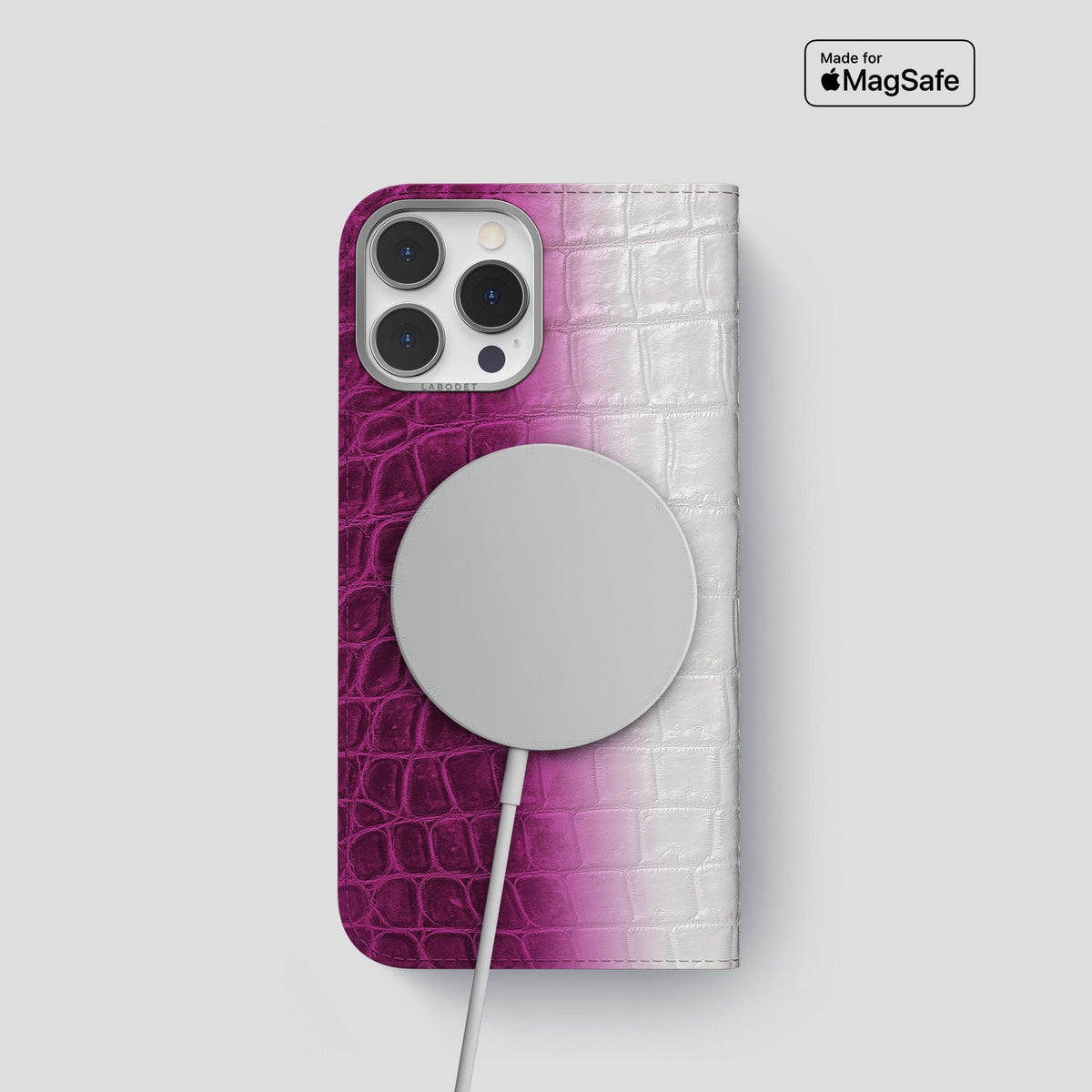 Fuchsia iPhone 14 Pro Folio Case Himalayan Crocodile with Steel Metal -3 | Fuchsia-Steel