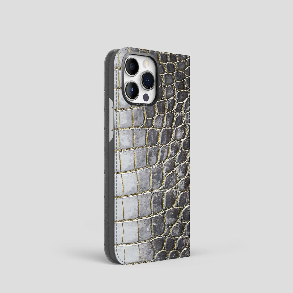 Gold iPhone 15 Pro Folio Case Himalayan Crocodile with Black Metal -1 | Gold-Black