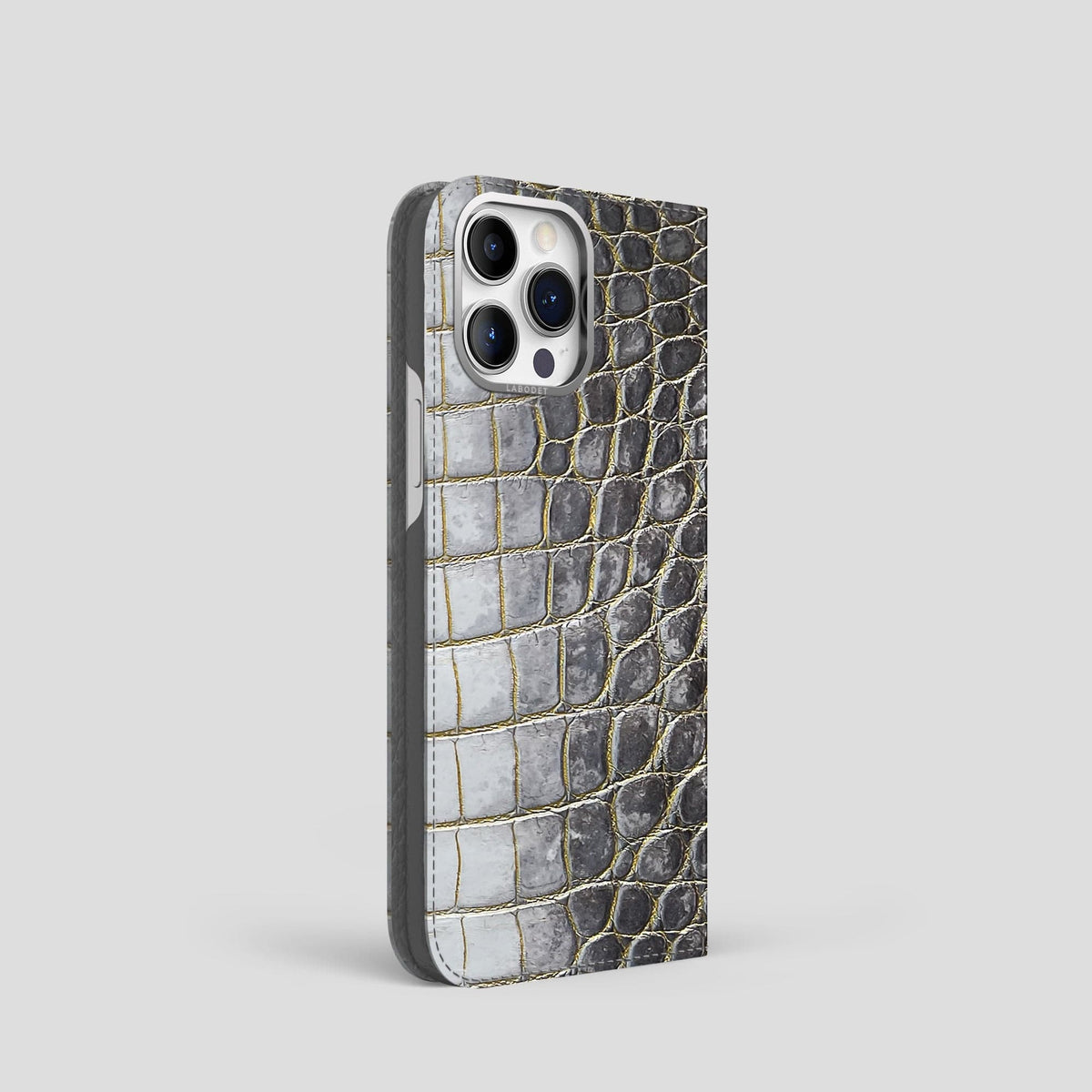 Gold iPhone 15 Pro Folio Case Himalayan Crocodile with Steel Metal -1 | Gold-Steel