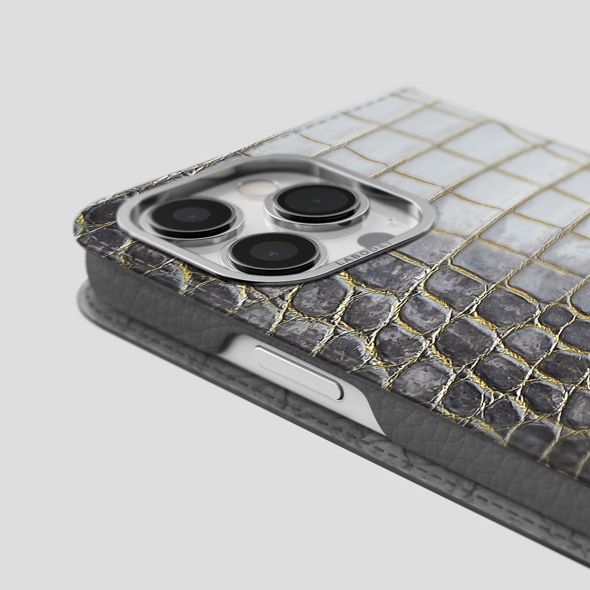 Gold iPhone 14 Pro Folio Case Himalayan Crocodile with Steel Metal -5 | Gold-Steel