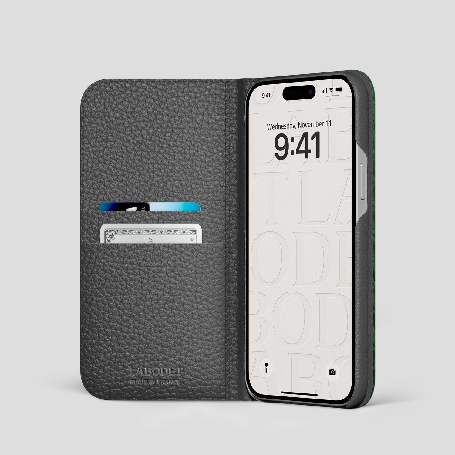 Green iPhone 14 Pro Folio Case Himalayan Crocodile with Black Metal -2 | Green-Black