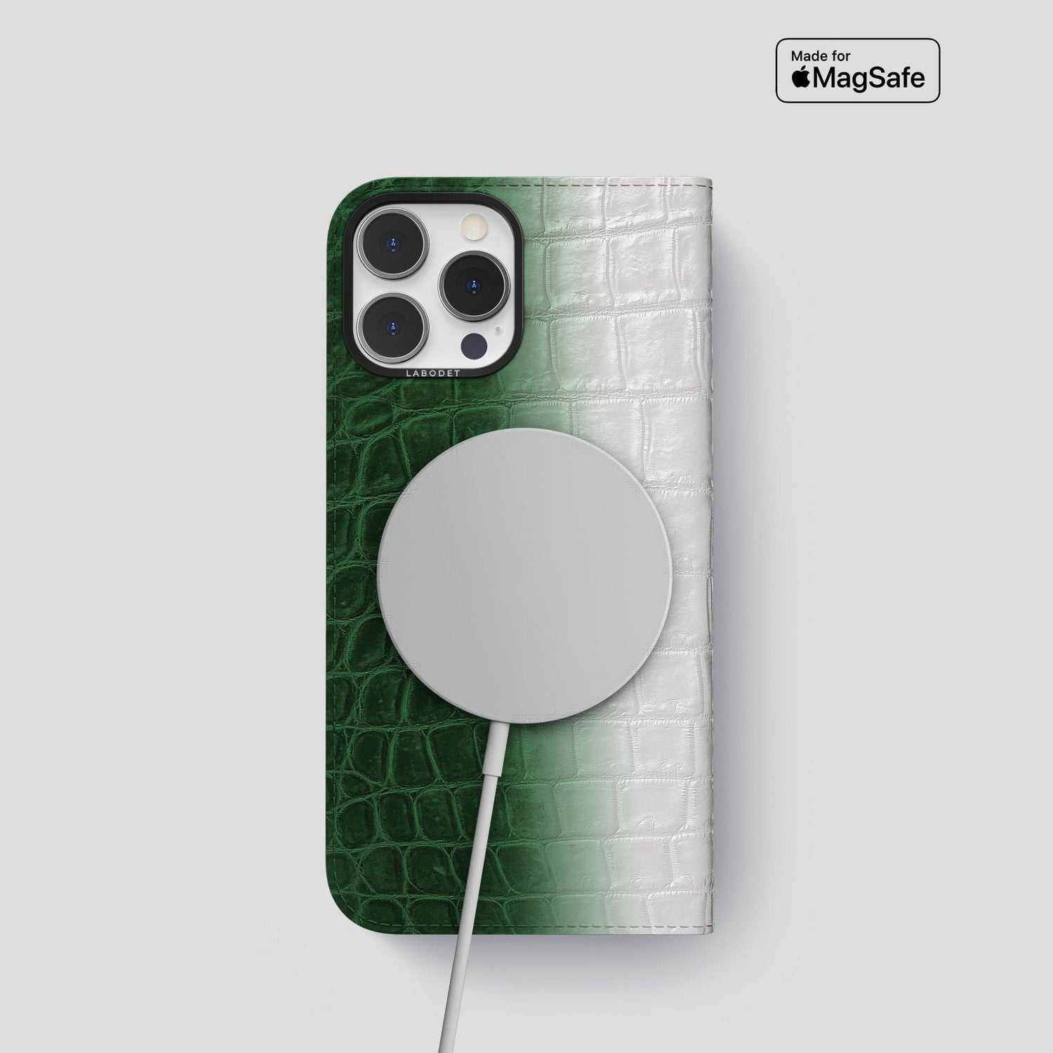 Green iPhone 14 Pro Folio Case Himalayan Crocodile with Black Metal -3 | Green-Black