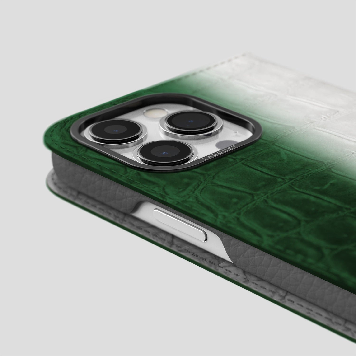 Green iPhone 14 Pro Folio Case Himalayan Crocodile with Black Metal -5 | Green-Black