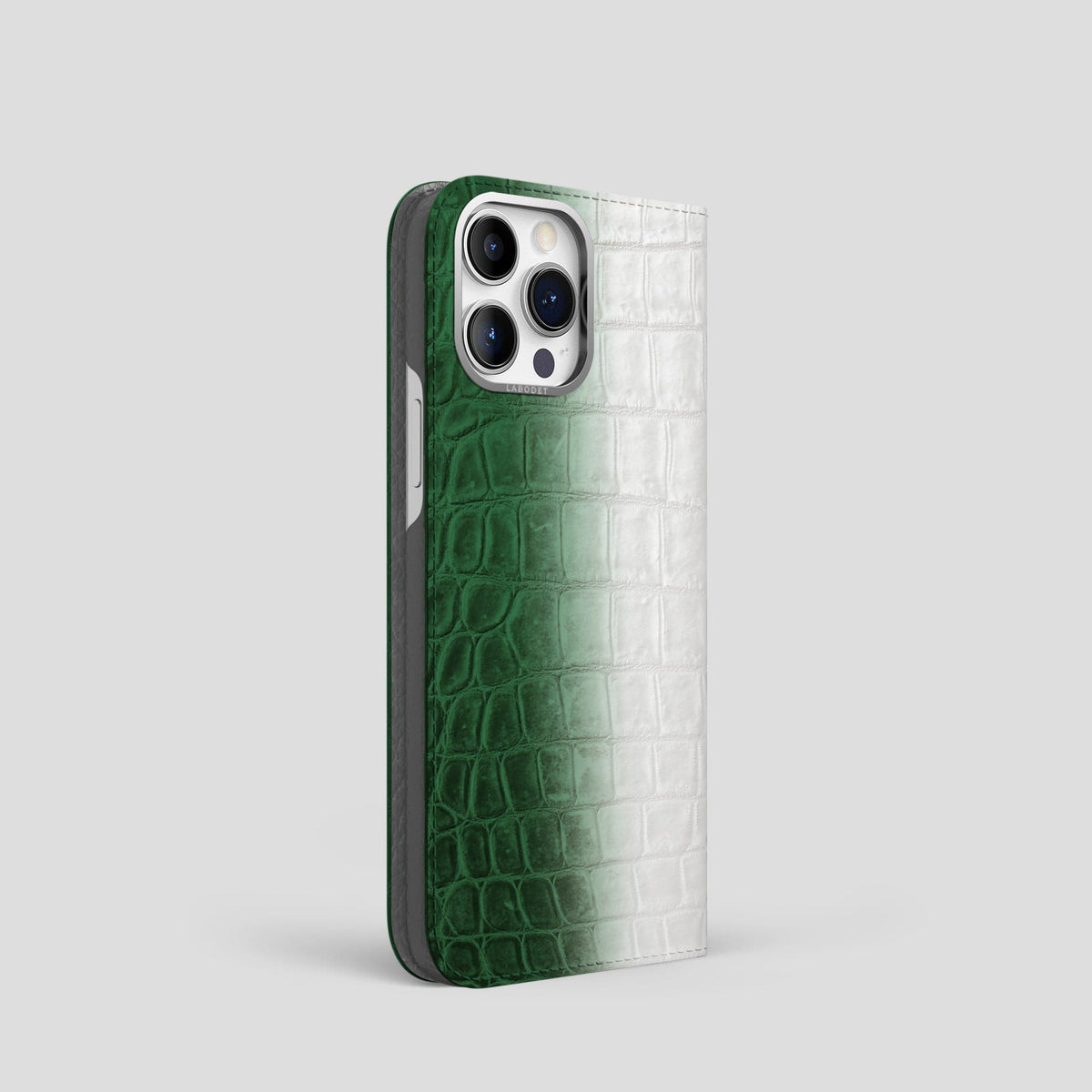 Green iPhone 14 Pro Folio Case Himalayan Crocodile with Steel Metal -1 | Green-Steel