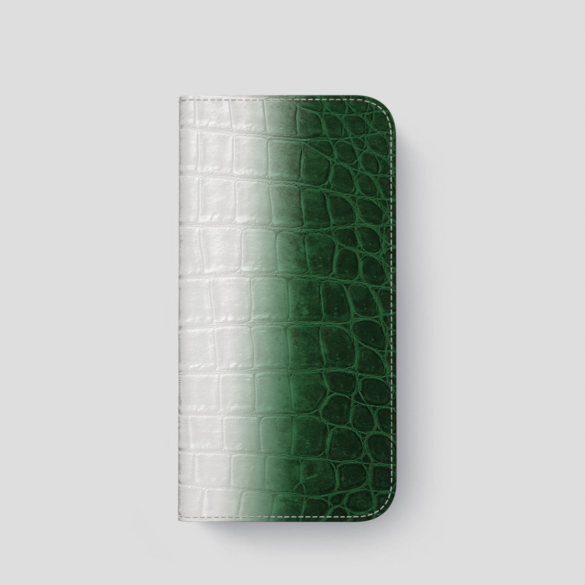 Green iPhone 14 Pro Folio Case Himalayan Crocodile with Steel Metal -4 | Green-Steel