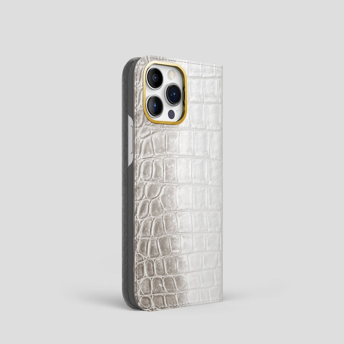 Light iPhone 14 Pro Folio Case Himalayan Crocodile with Gold Metal -1 | Light-Gold