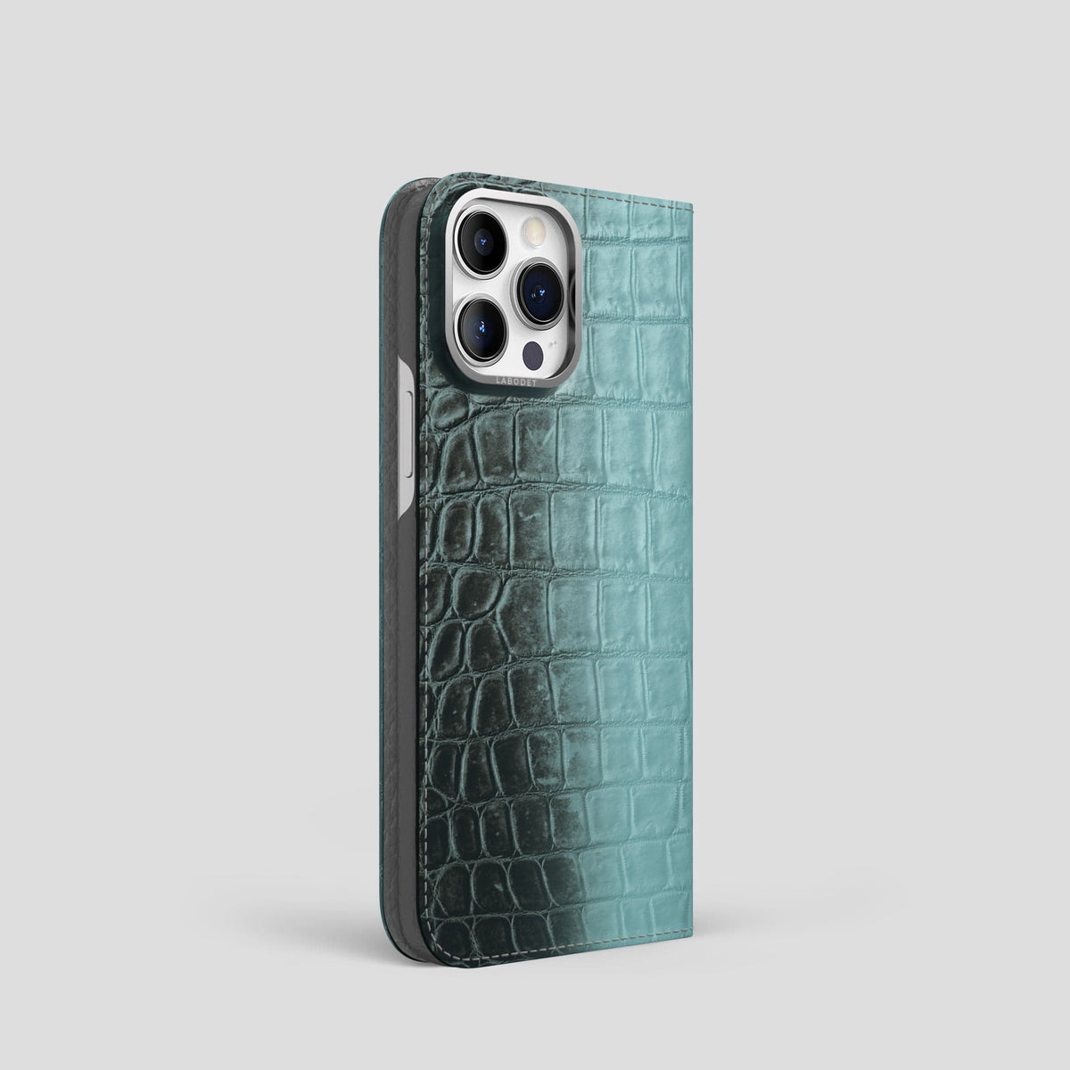 Light-Mint iPhone 14 Pro Folio Case Himalayan Crocodile with Steel Metal -1 | Light-Mint-Steel