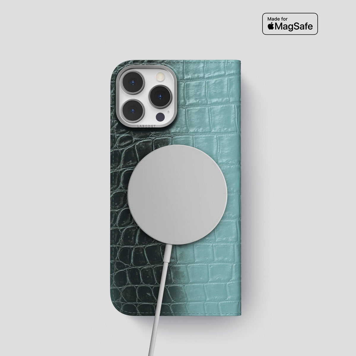 Light-Mint iPhone 14 Pro Folio Case Himalayan Crocodile with Steel Metal -3 | Light-Mint-Steel