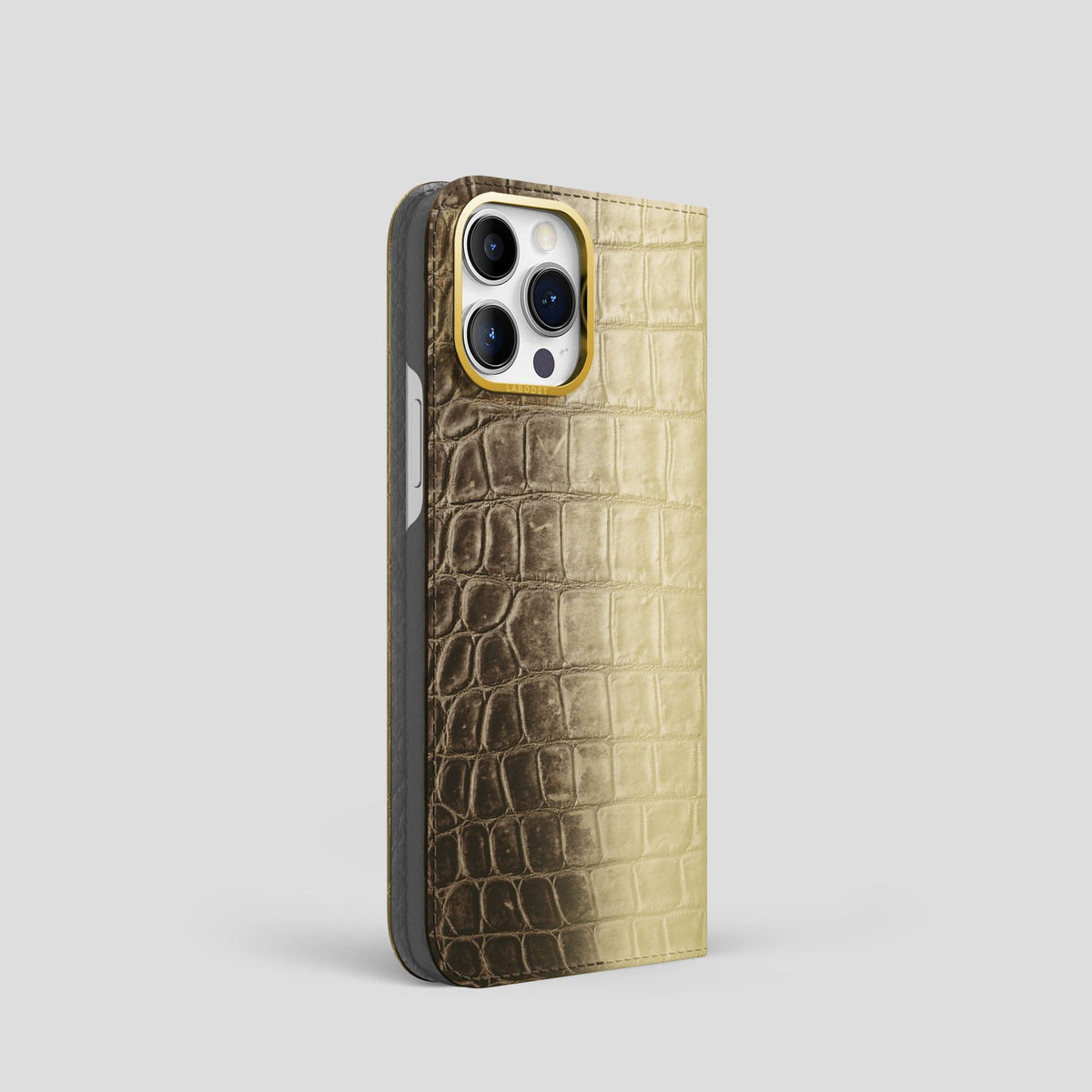 Natural iPhone 15 Pro Folio Case Himalayan Crocodile with Gold Metal -1 | Natural-Gold