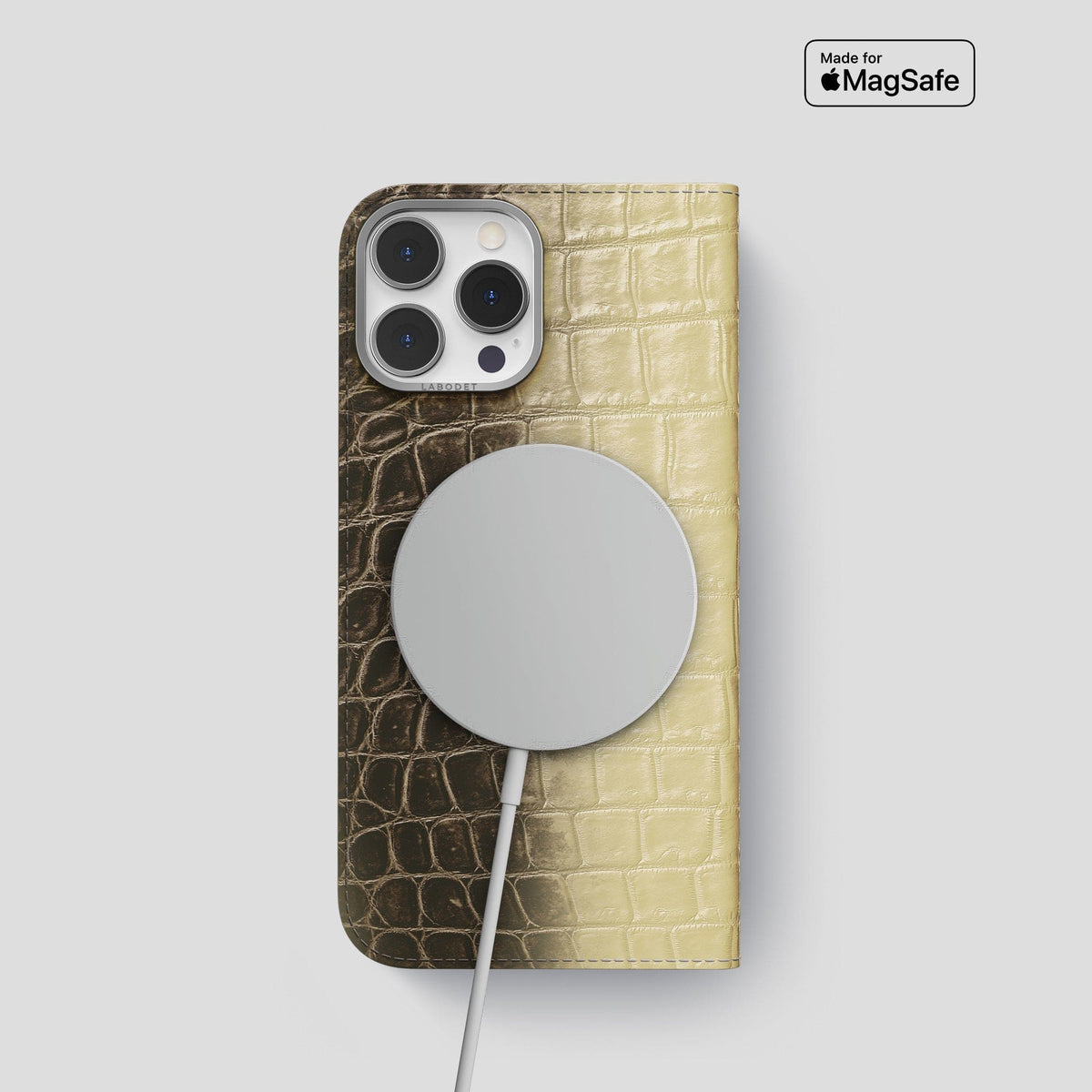Natural iPhone 14 Pro Folio Case Himalayan Crocodile with Steel Metal -3 | Natural-Steel