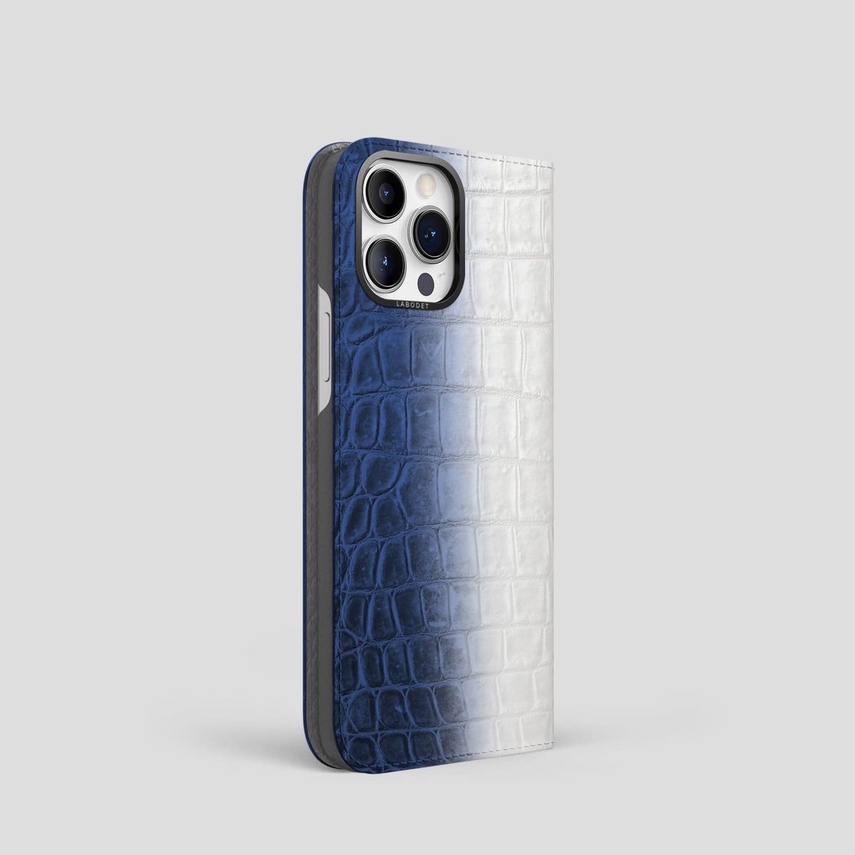 Navy Blue iPhone 14 Pro Folio Case Himalayan Crocodile with Black Metal -1 | Navy-Blue-Black