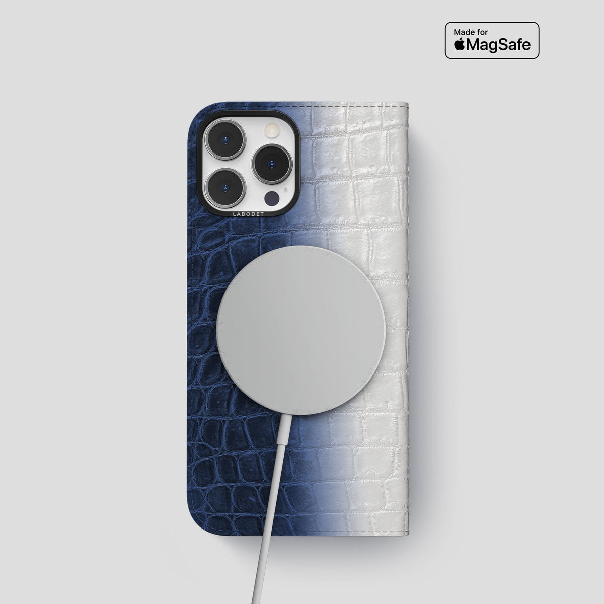 Navy Blue iPhone 15 Pro Folio Case Himalayan Crocodile with Black Metal -3 | Navy-Blue-Black