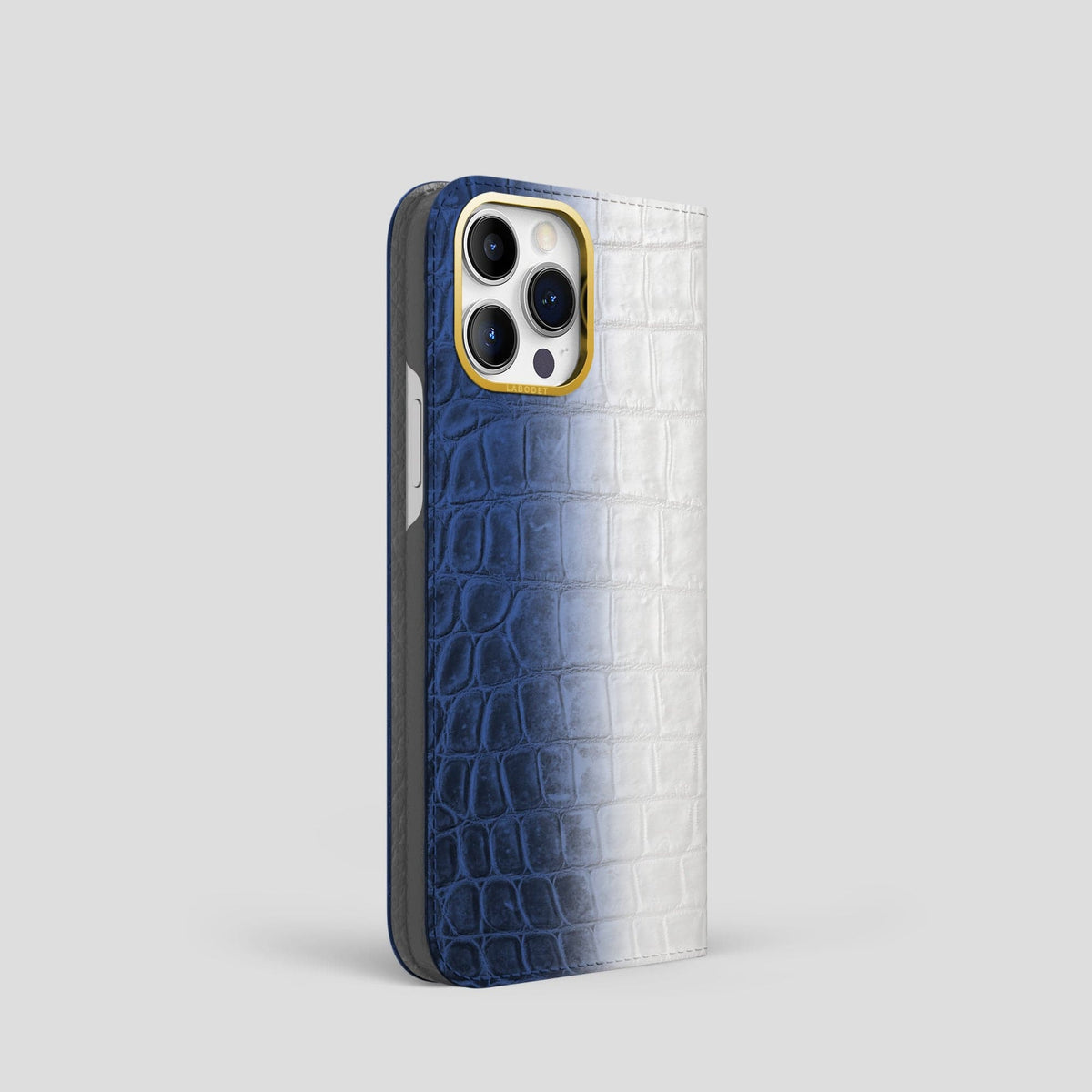 Navy Blue iPhone 14 Pro Folio Case Himalayan Crocodile with Gold Metal -1 | Navy-Blue-Gold
