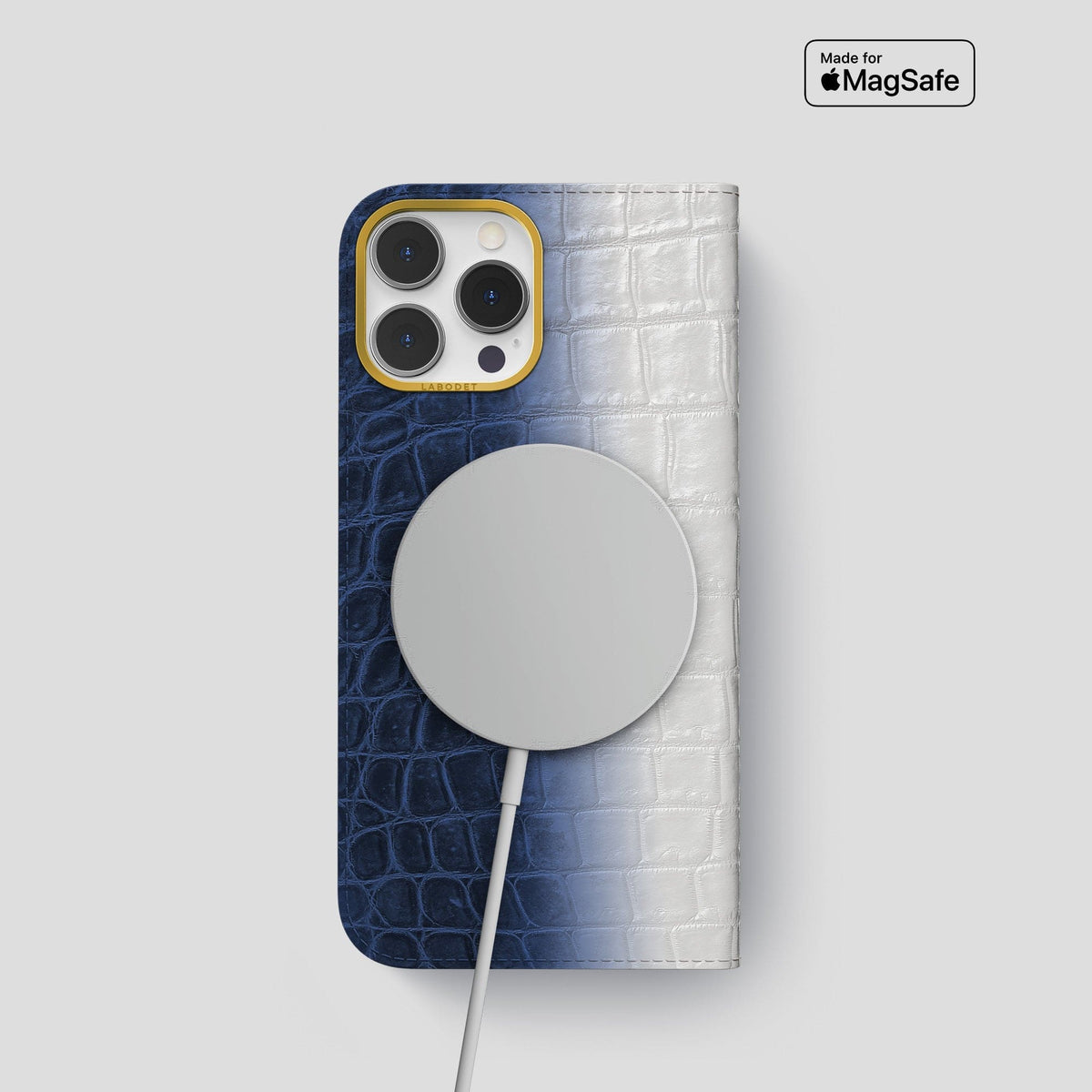 Navy Blue iPhone 14 Pro Folio Case Himalayan Crocodile with Gold Metal -3 | Navy-Blue-Gold