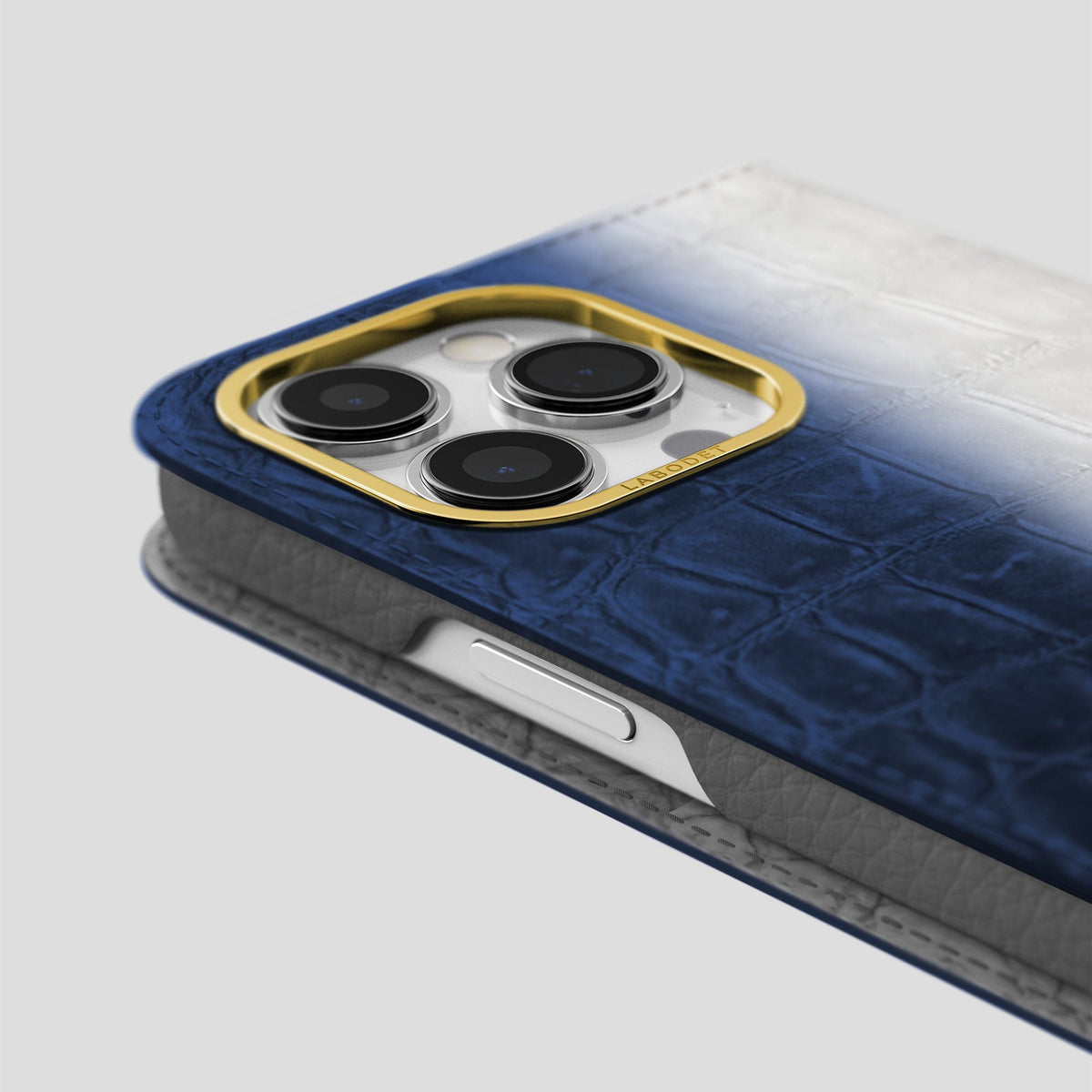 Navy Blue iPhone 14 Pro Folio Case Himalayan Crocodile with Gold Metal -5 | Navy-Blue-Gold