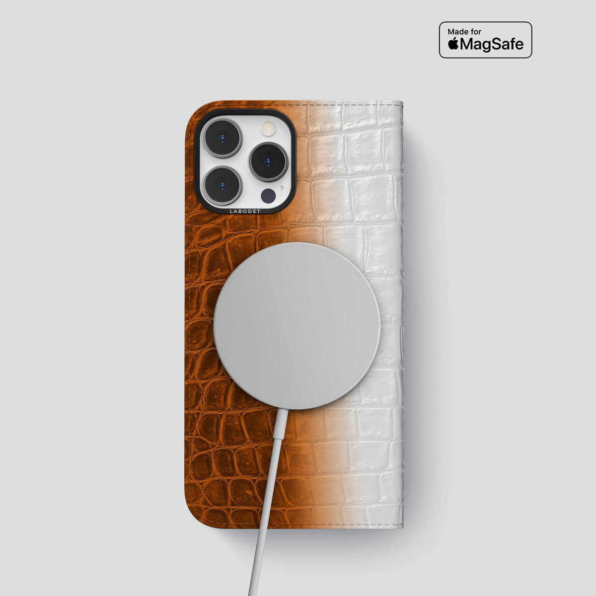 Orange iPhone 14 Pro Folio Case Himalayan Crocodile with Black Metal -3 | Orange-Black