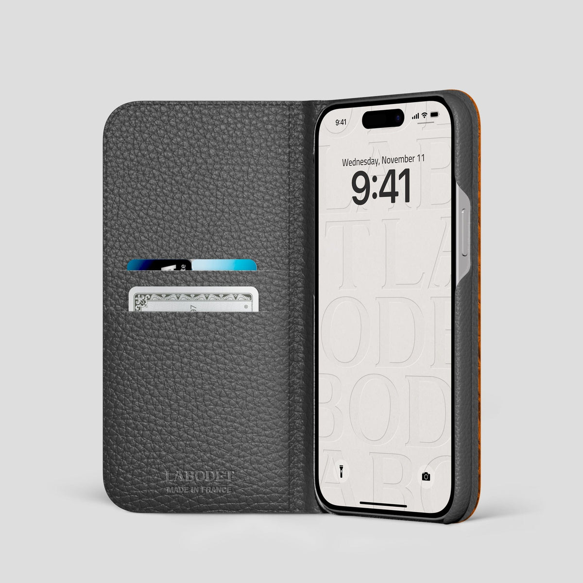 Orange iPhone 15 Pro Folio Case Himalayan Crocodile with Gold Metal -2 | Orange-Gold