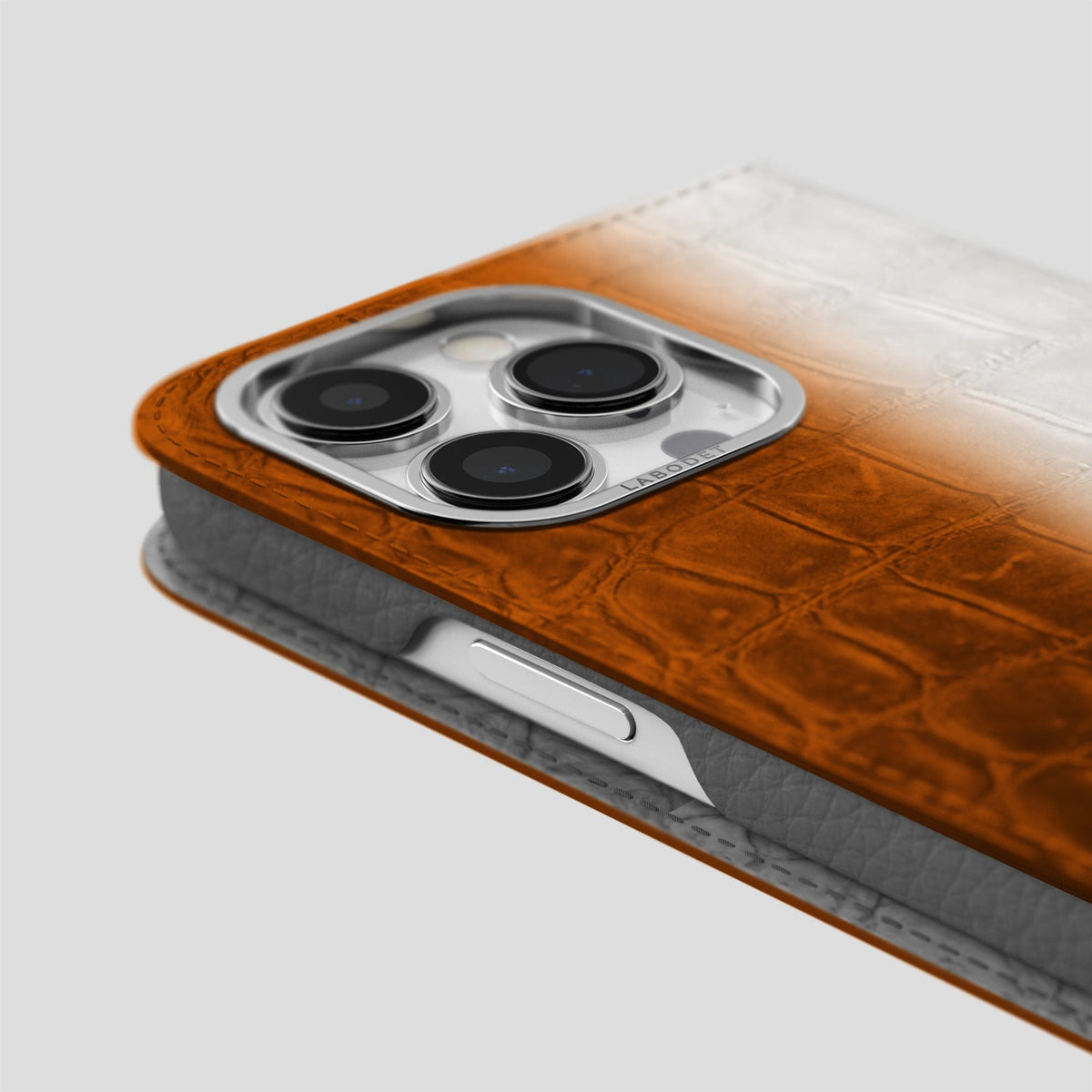Orange iPhone 14 Pro Folio Case Himalayan Crocodile with Steel Metal -5 | Orange-Steel