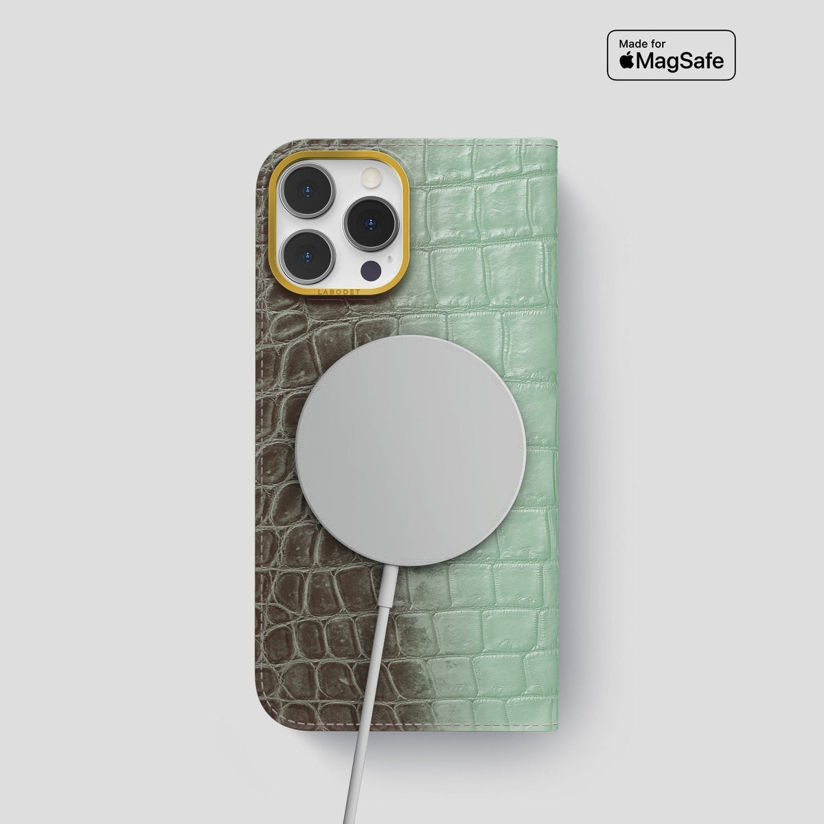 Pistachio iPhone 15 Pro Folio Case Himalayan Crocodile with Gold Metal -3 | Pistachio-Gold