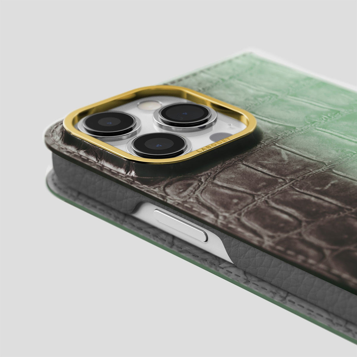 Pistachio iPhone 14 Pro Folio Case Himalayan Crocodile with Gold Metal -5 | Pistachio-Gold