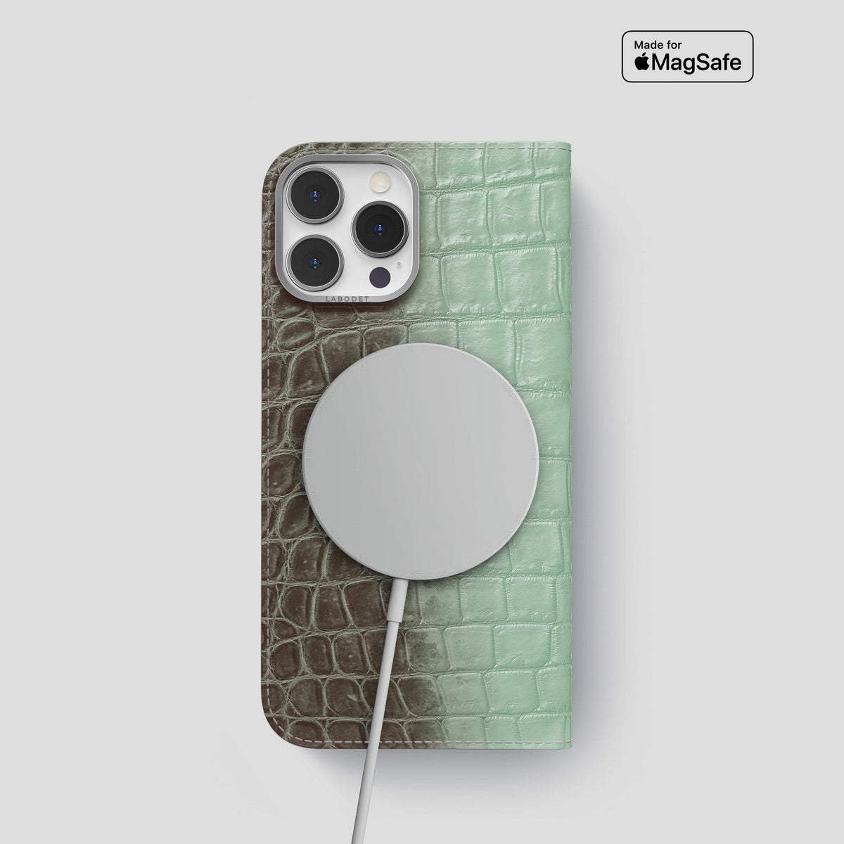 Pistachio iPhone 14 Pro Folio Case Himalayan Crocodile with Steel Metal -3 | Pistachio-Steel
