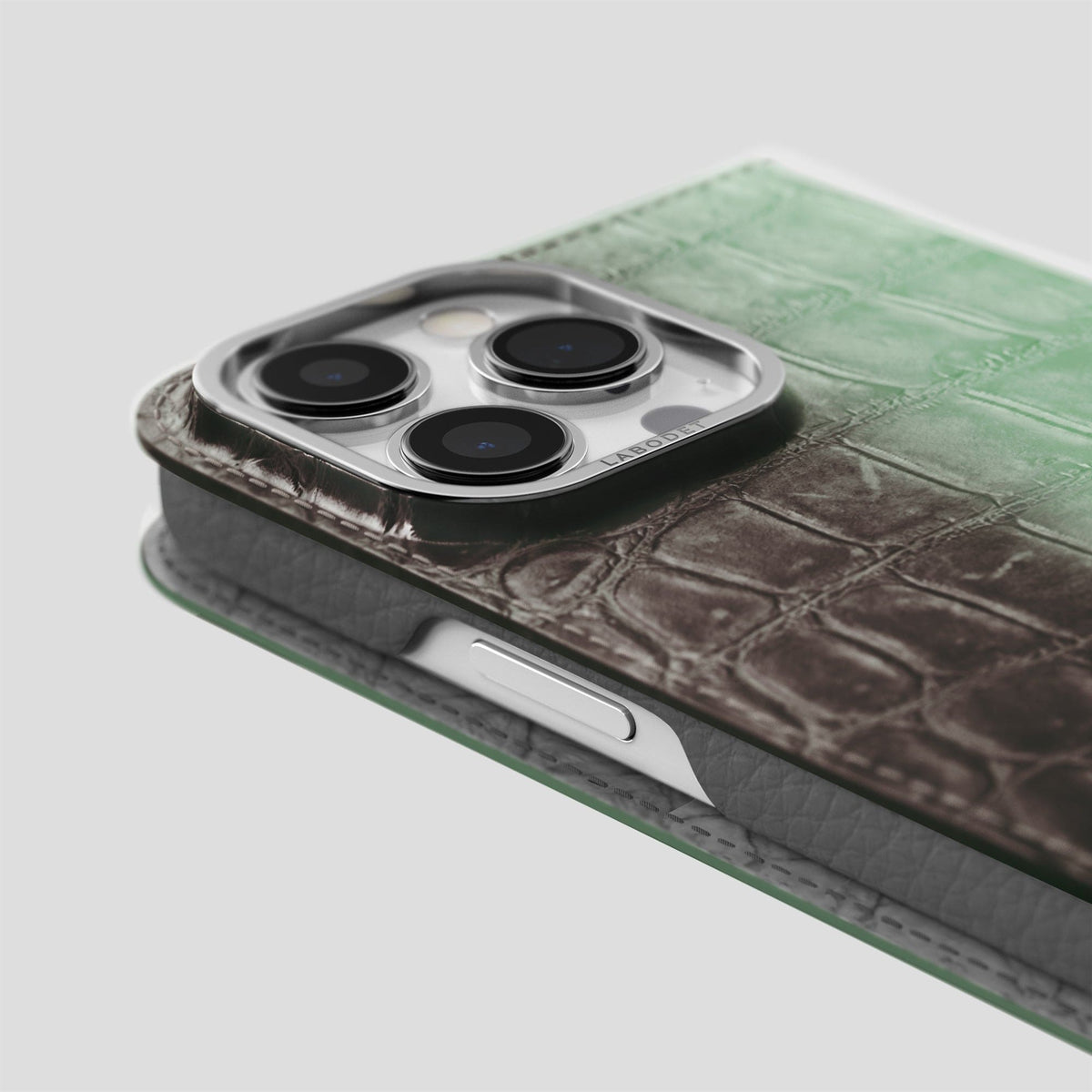 Pistachio iPhone 14 Pro Folio Case Himalayan Crocodile with Steel Metal -5 | Pistachio-Steel