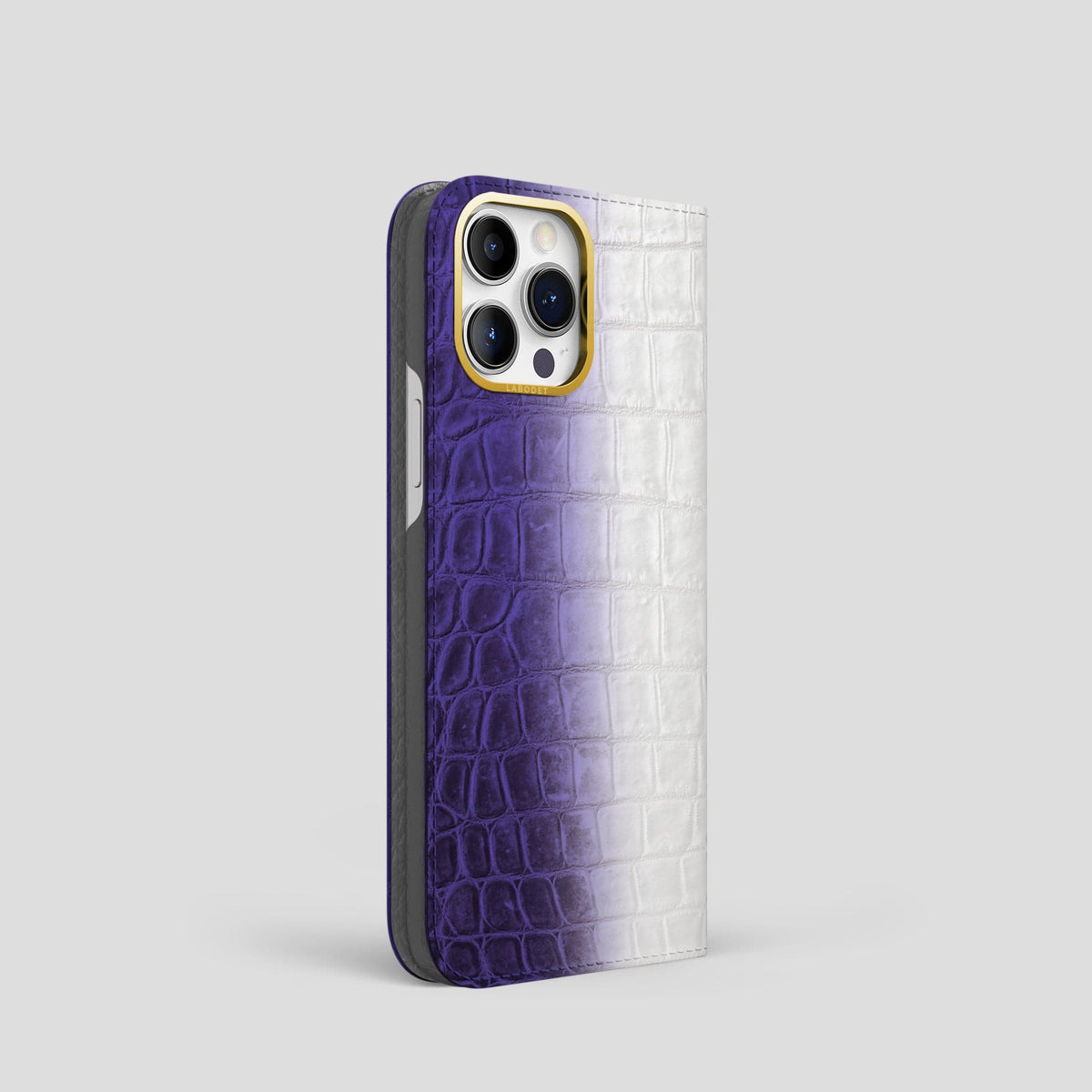 Purple iPhone 14 Pro Folio Case Himalayan Crocodile with Gold Metal -1 | Purple-Gold