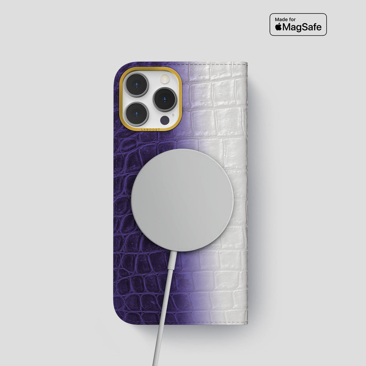 Purple iPhone 14 Pro Folio Case Himalayan Crocodile with Gold Metal -3 | Purple-Gold
