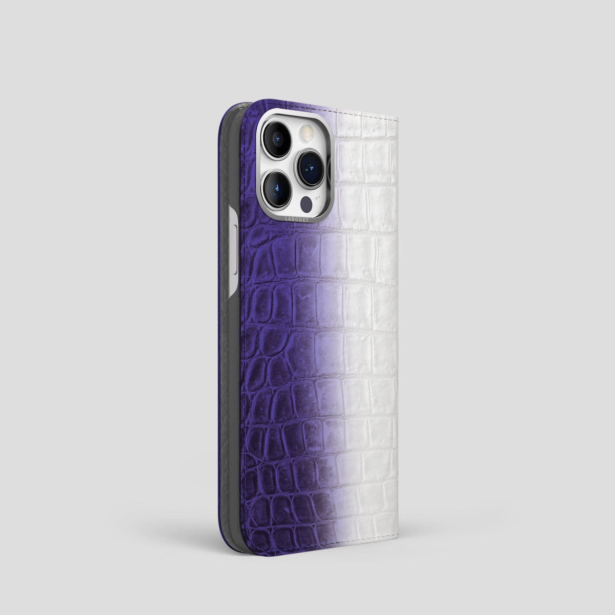 Purple iPhone 14 Pro Folio Case Himalayan Crocodile with Steel Metal -1 | Purple-Steel