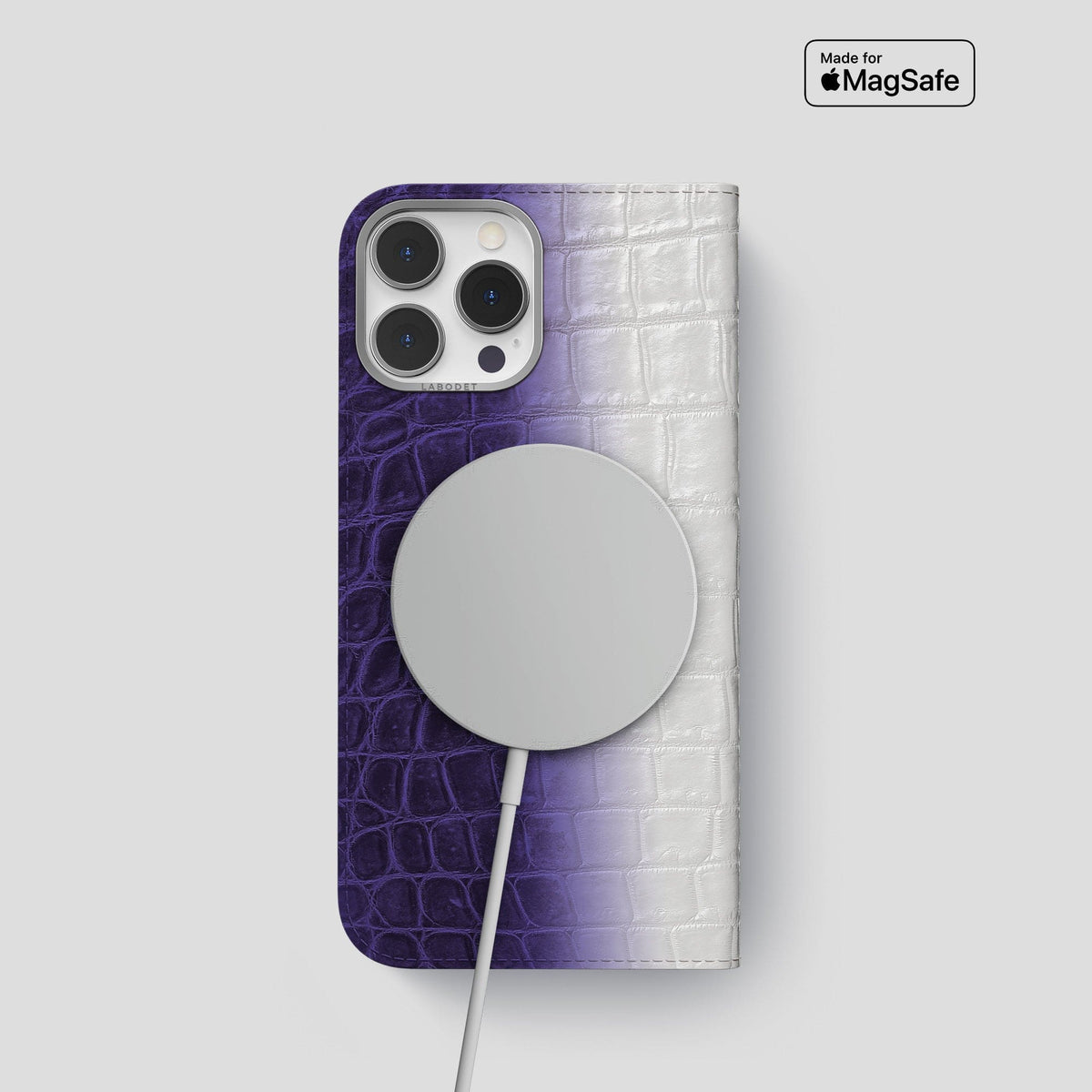 Purple iPhone 14 Pro Folio Case Himalayan Crocodile with Steel Metal -3 | Purple-Steel