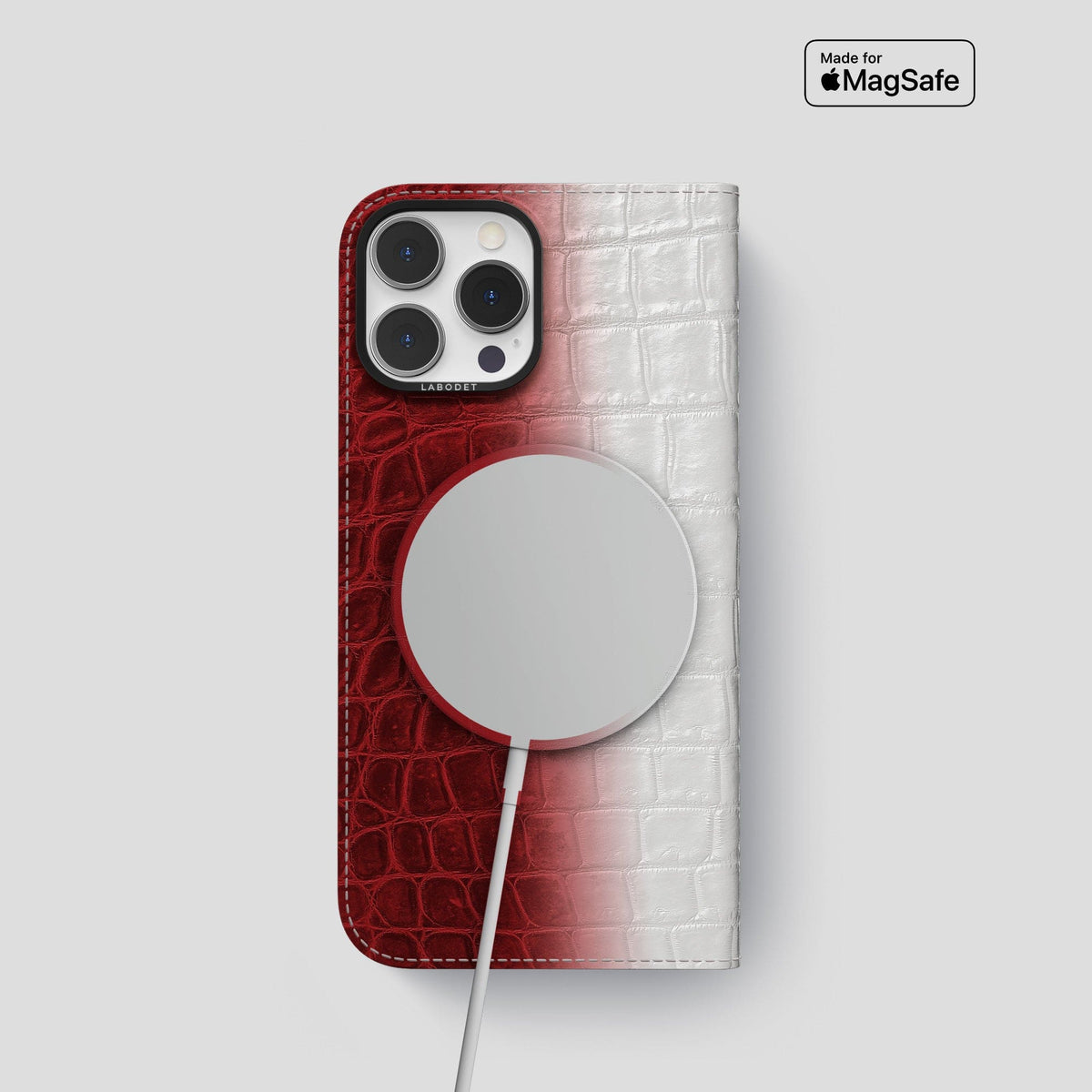 Red iPhone 14 Pro Folio Case Himalayan Crocodile with Black Metal -3 | Red-Black