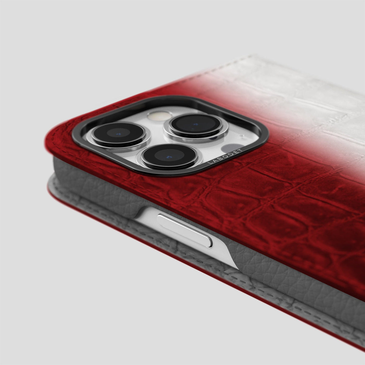 Red iPhone 14 Pro Folio Case Himalayan Crocodile with Black Metal -5 | Red-Black
