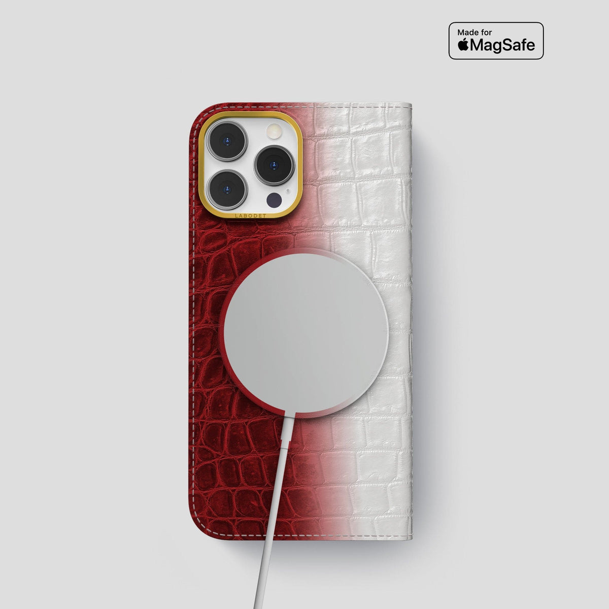 Red iPhone 14 Pro Folio Case Himalayan Crocodile with Gold Metal -3 | Red-Gold