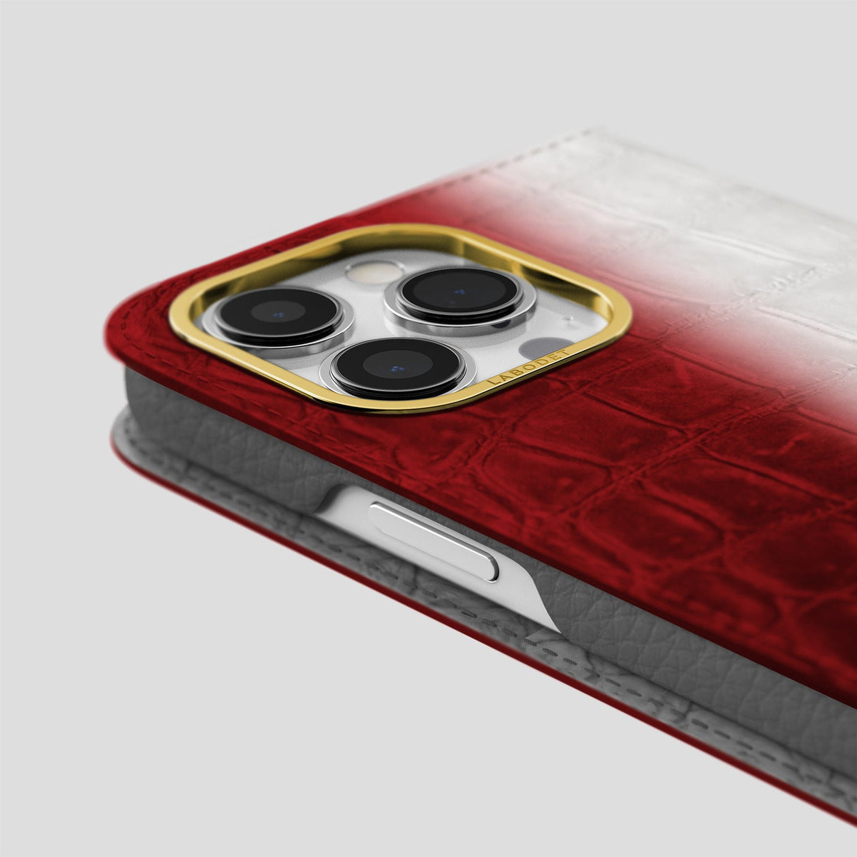 Red iPhone 15 Pro Folio Case Himalayan Crocodile with Gold Metal -5 | Red-Gold