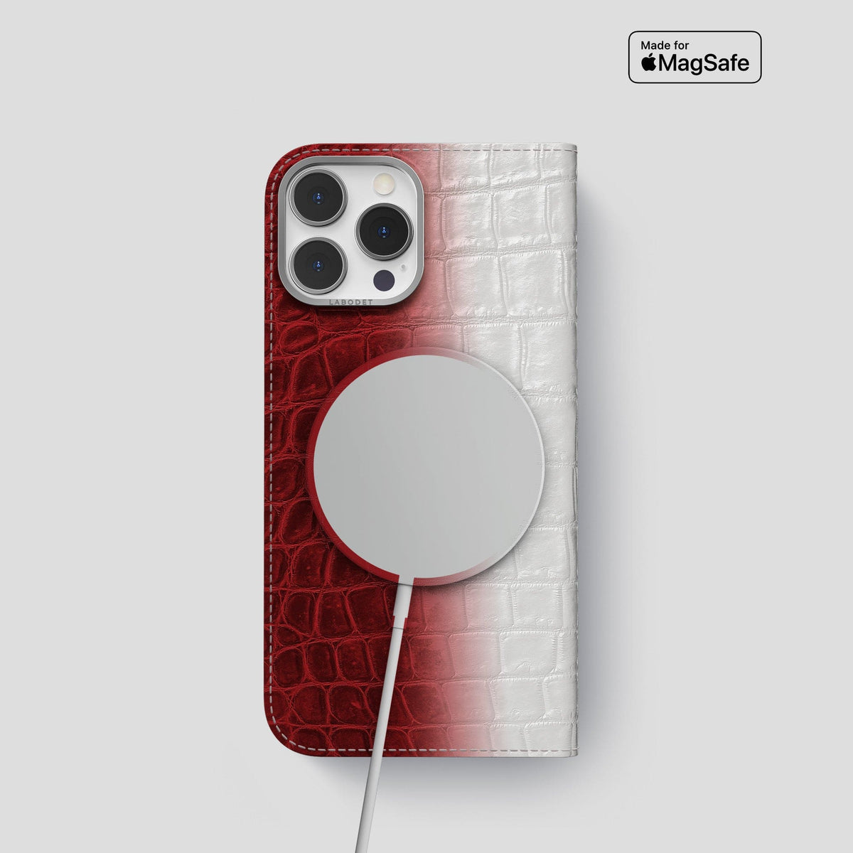 Red iPhone 14 Pro Folio Case Himalayan Crocodile with Steel Metal -3 | Red-Steel