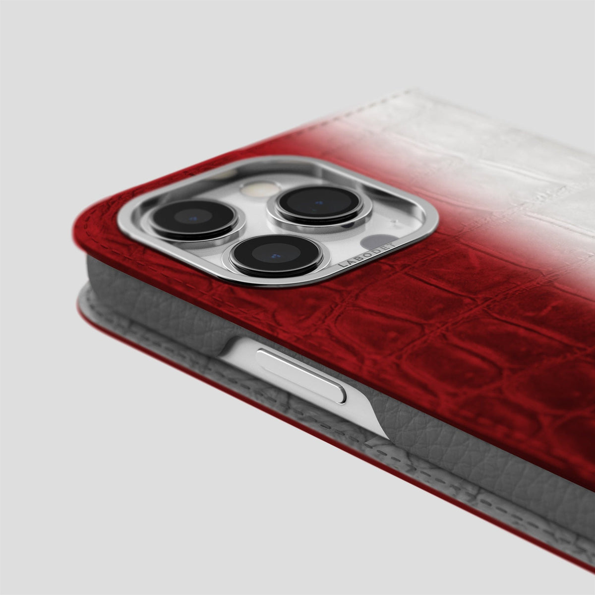 Red iPhone 14 Pro Folio Case Himalayan Crocodile with Steel Metal -5 | Red-Steel