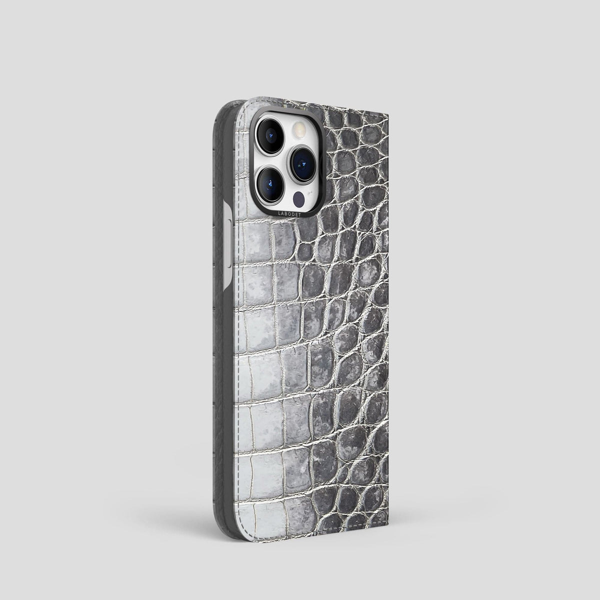 Silver iPhone 14 Pro Folio Case Himalayan Crocodile with Black Metal -1 | Silver-Black