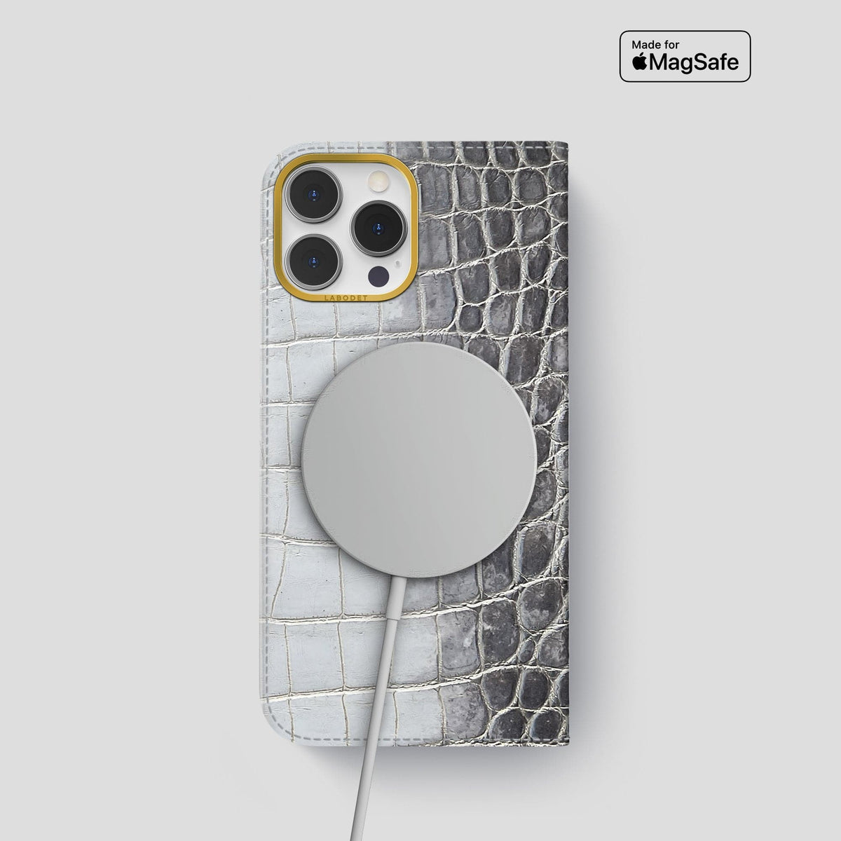 Silver iPhone 14 Pro Folio Case Himalayan Crocodile with Gold Metal -3 | Silver-Gold