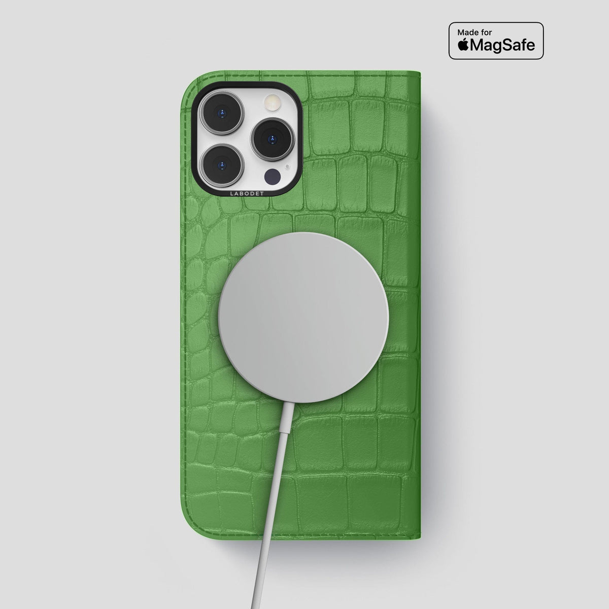 Apple-Green iPhone 14 Pro Max Folio Case Alligator with Black Metal -3 | Apple-Green-Black