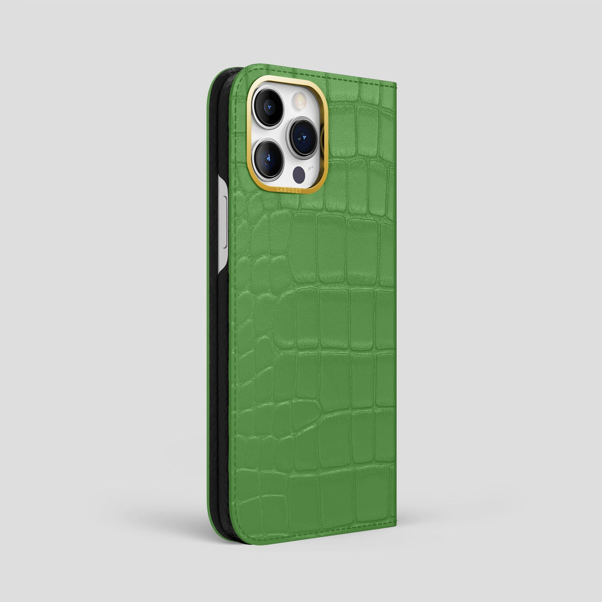 Apple-Green iPhone 14 Pro Max Folio Case Alligator with Gold Metal -1 | Apple-Green-Gold
