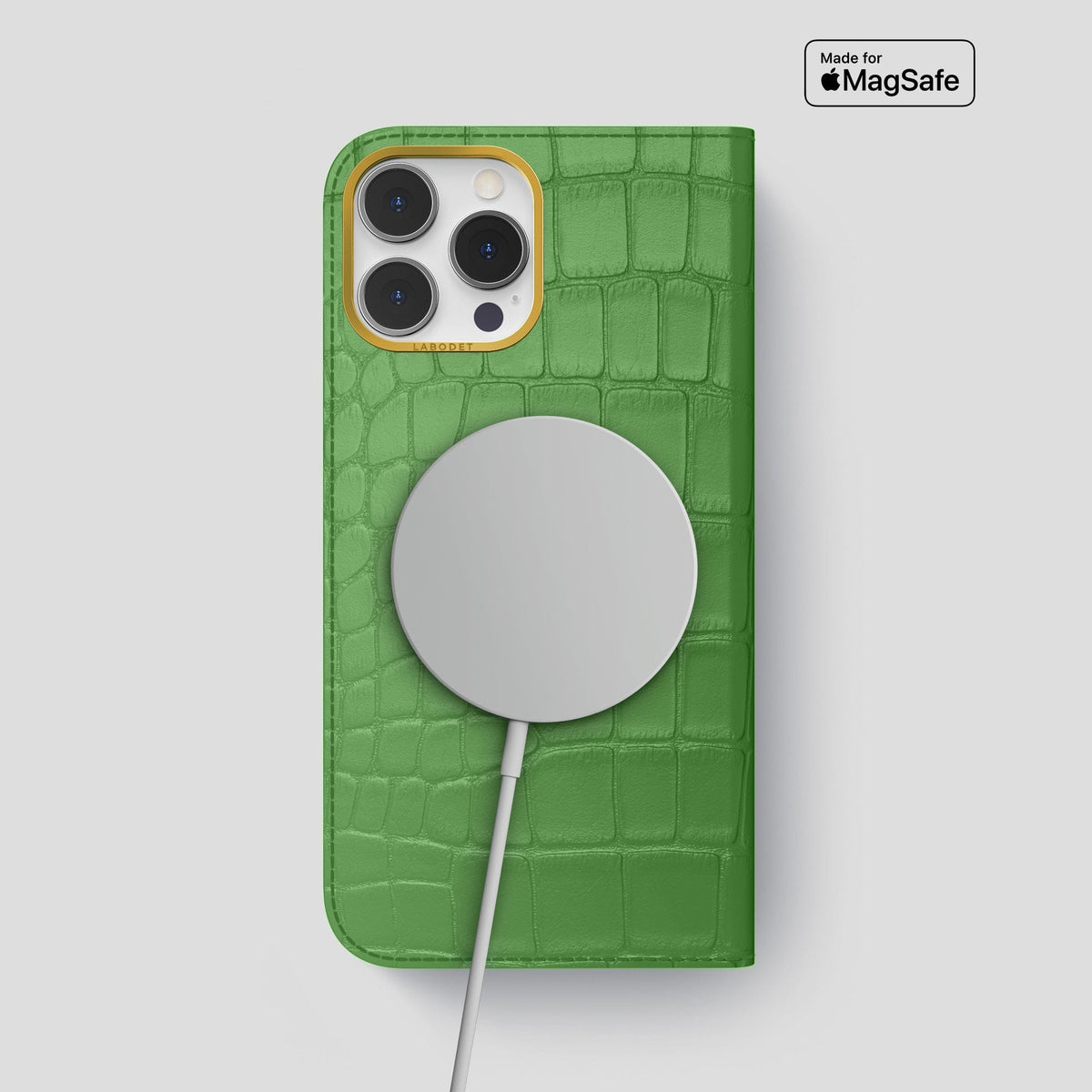 Apple-Green iPhone 14 Pro Max Folio Case Alligator with Gold Metal -3 | Apple-Green-Gold