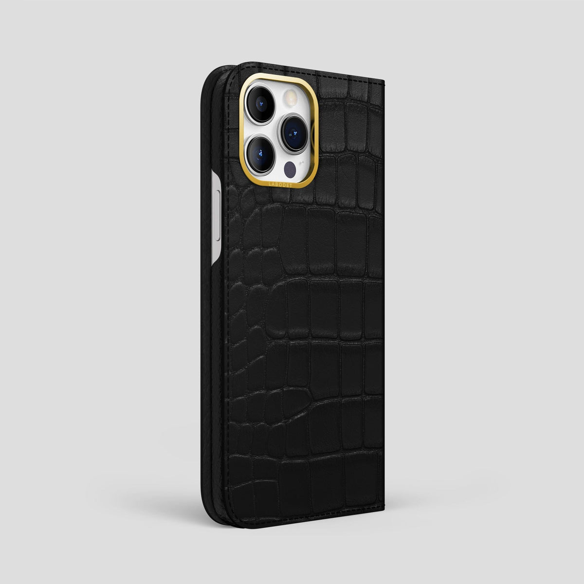 Black iPhone 14 Pro Max Folio Case Alligator with Gold Metal -1 | Black-Gold