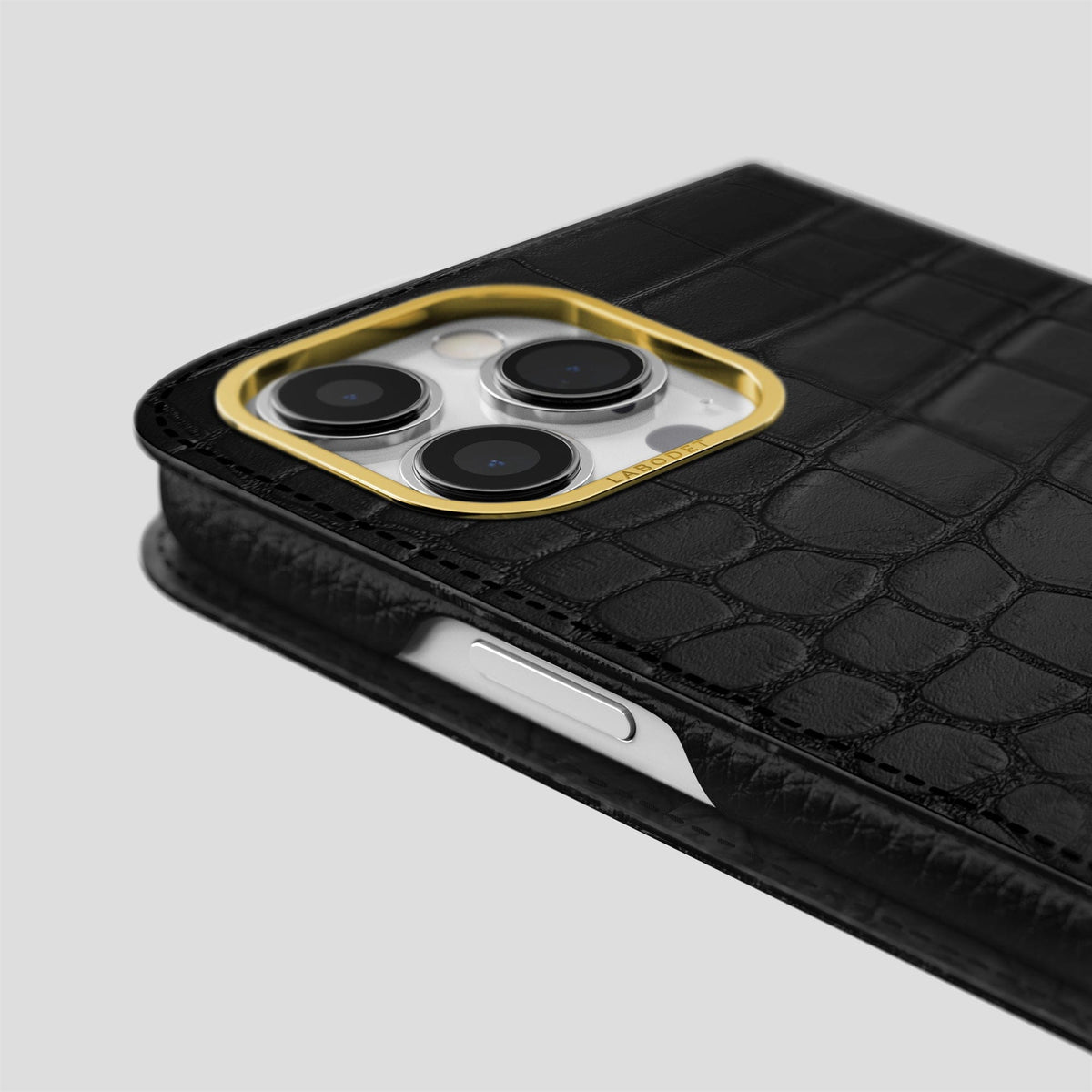 Black iPhone 14 Pro Max Folio Case Alligator with Gold Metal -5 | Black-Gold