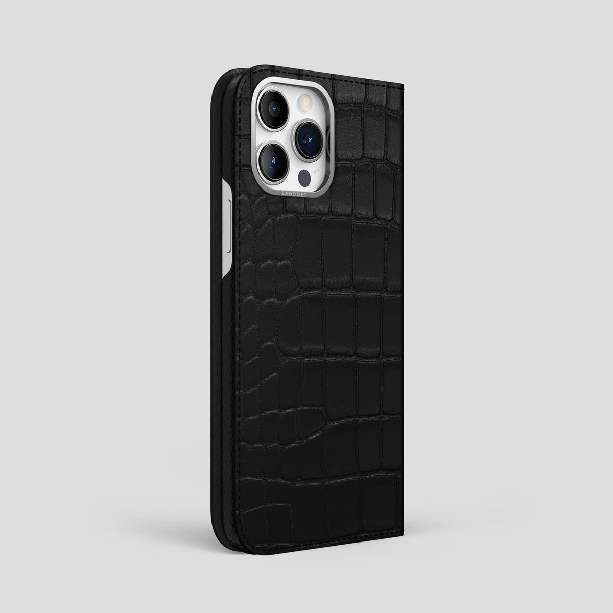 Black iPhone 14 Pro Max Folio Case Alligator with Steel Metal -1 | Black-Steel