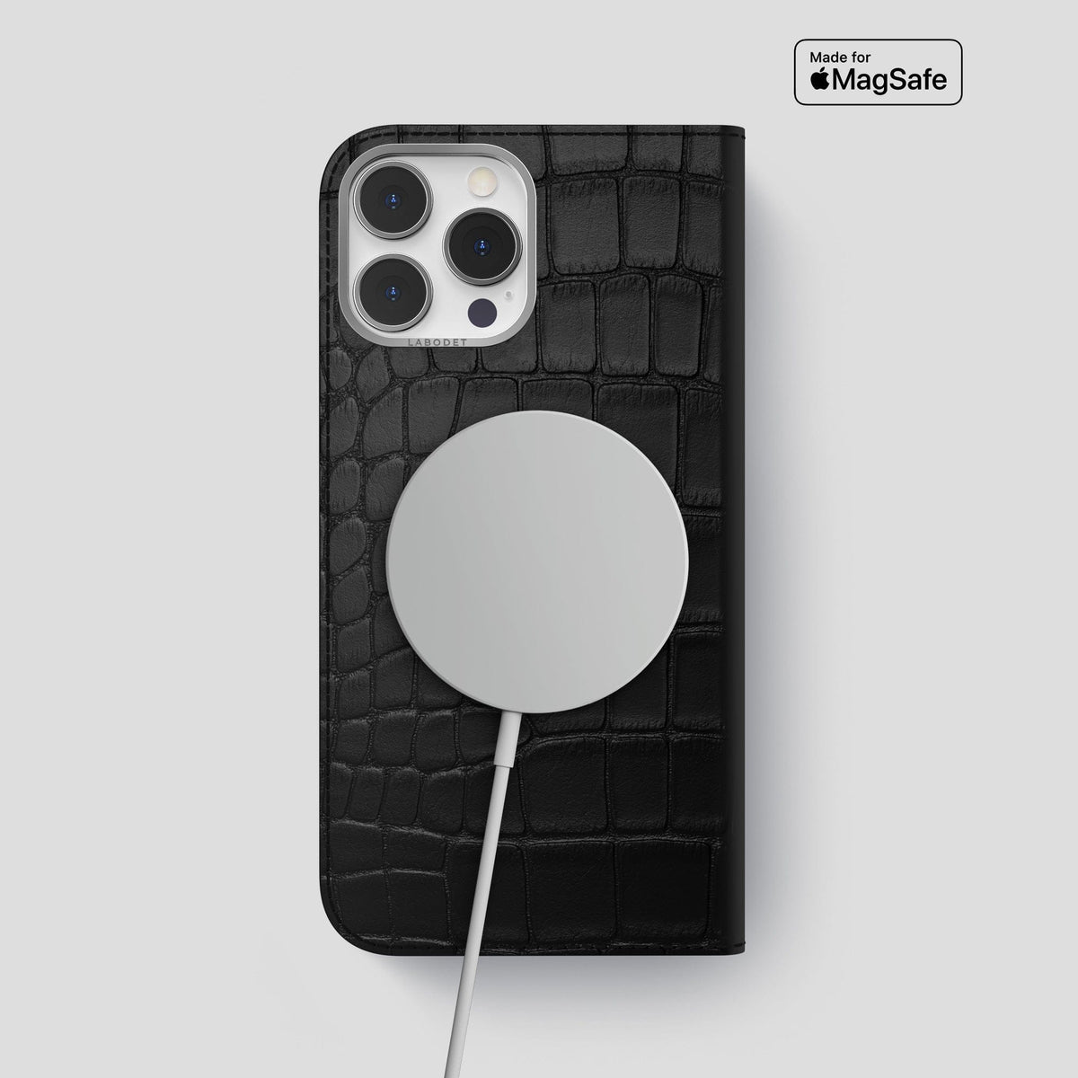 Black iPhone 14 Pro Max Folio Case Alligator with Steel Metal -3 | Black-Steel