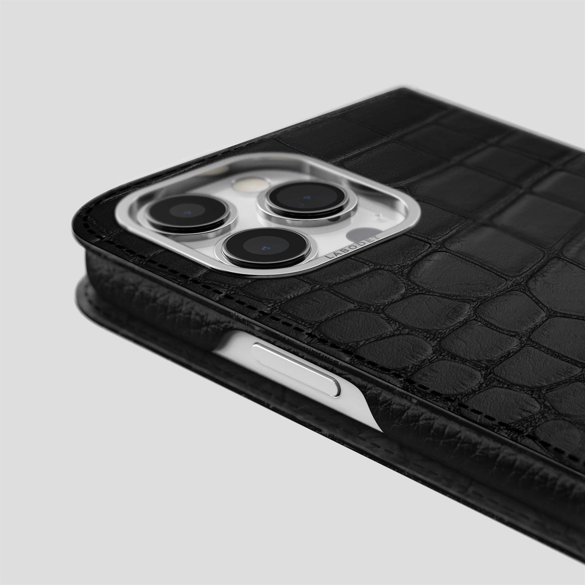 Black iPhone 14 Pro Max Folio Case Alligator with Steel Metal -5 | Black-Steel